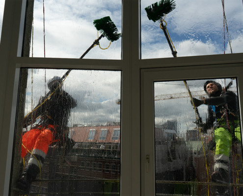 Reinigung der Außenfenster durch Kletterer